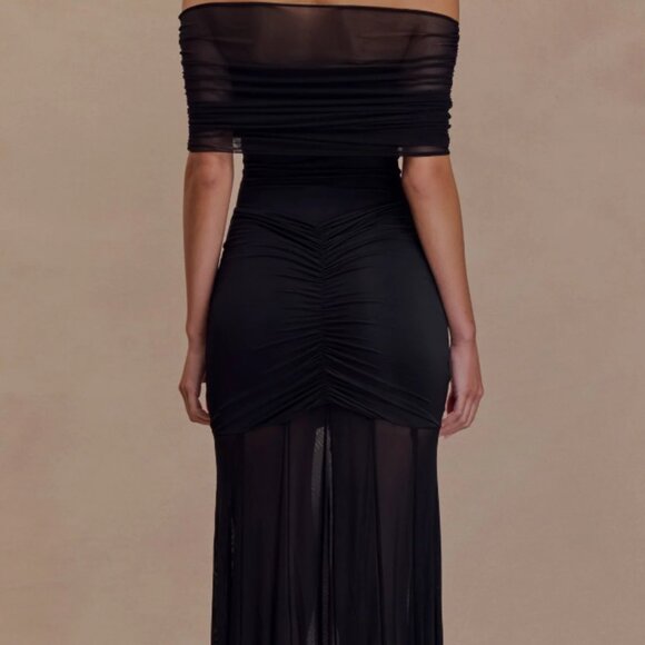 Meshki Caspian Slinky And Mesh Off Shoulder Maxi Dress Black Small - Picture 2 of 7